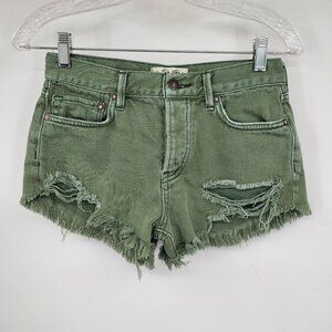 We The Free Free People Green Distressed Women's Button Fly Jean Shorts Size‎ 24